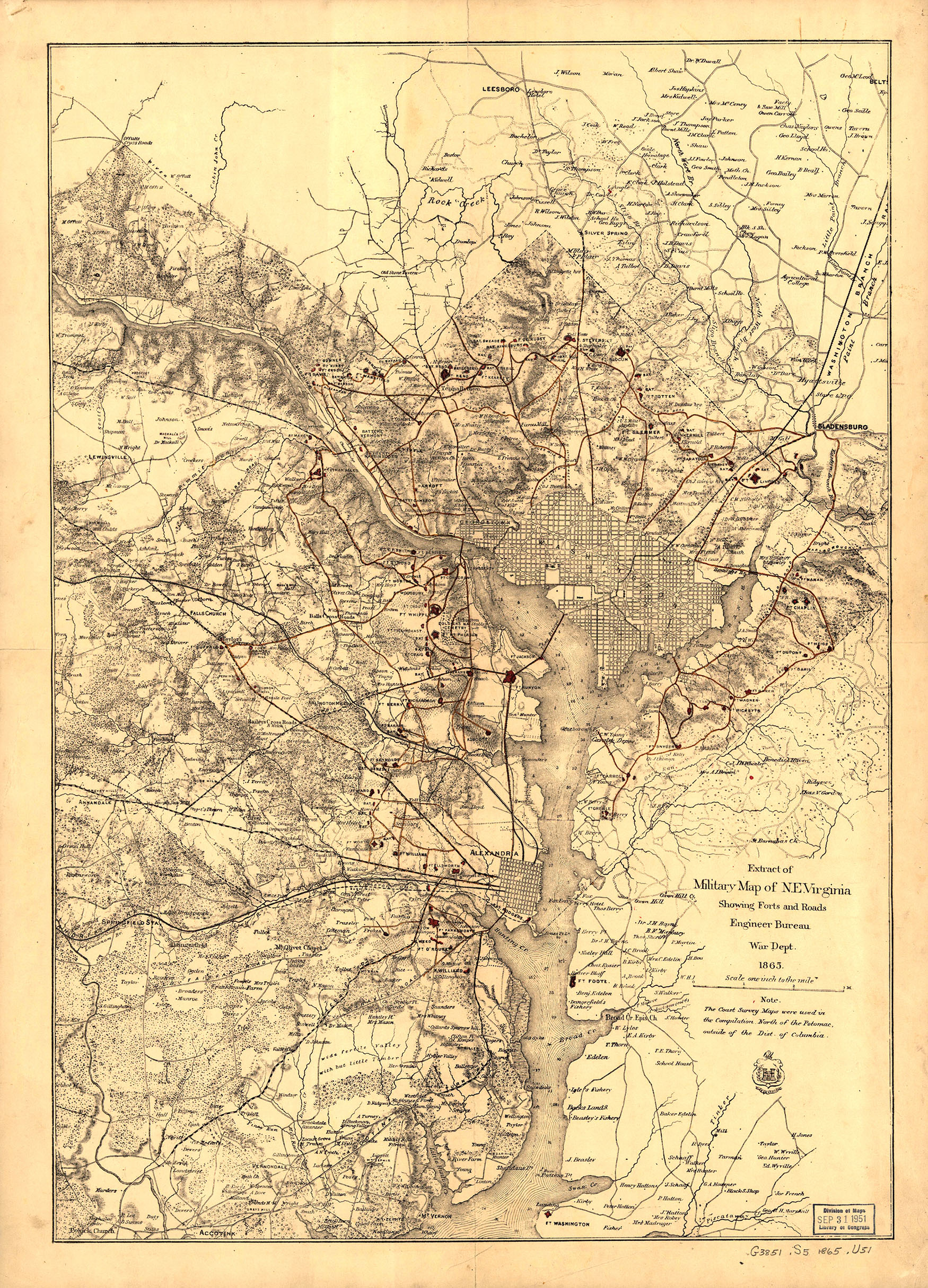 Ink drawn map of the DC area showing roads and forts in the region Ink drawn map of the DC area showing roads and forts in the region